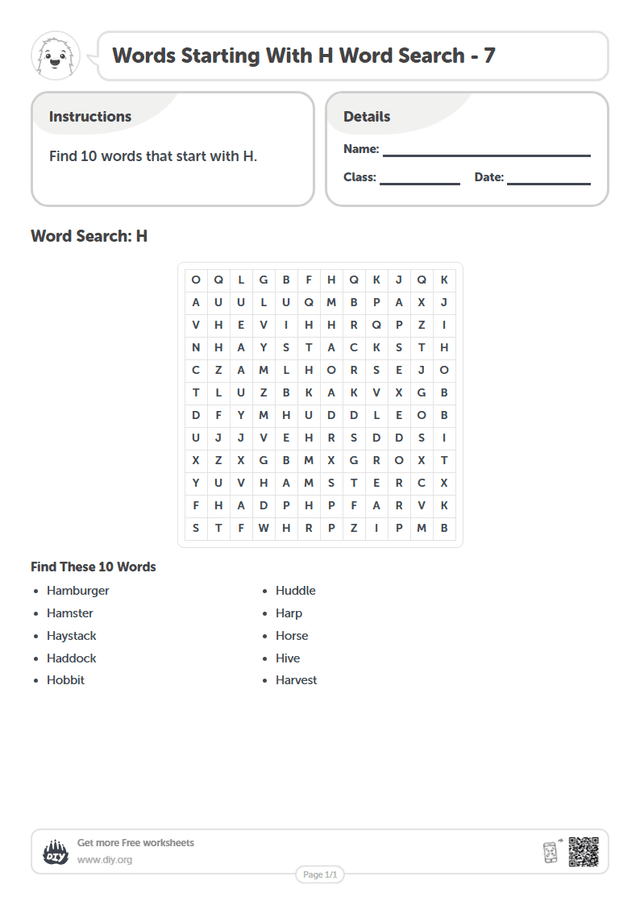 Words Starting With H Word Search page 1