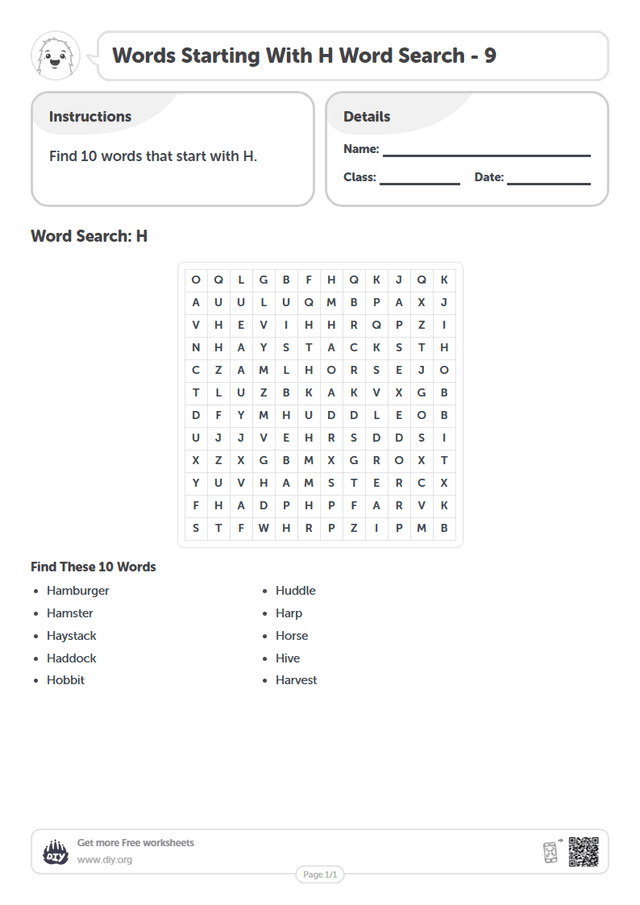Words Starting With H Word Search page 1