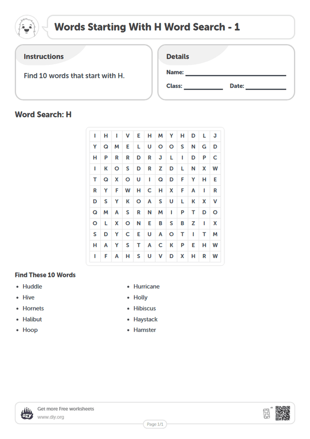 Words Starting With H Word Search page 1