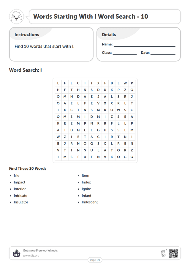 Words Starting With I Word Search page 1