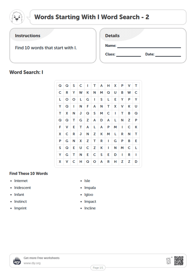 Words Starting With I Word Search page 1