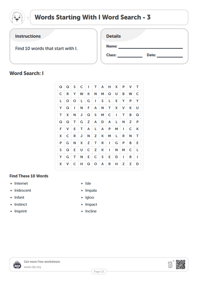Words Starting With I Word Search page 1