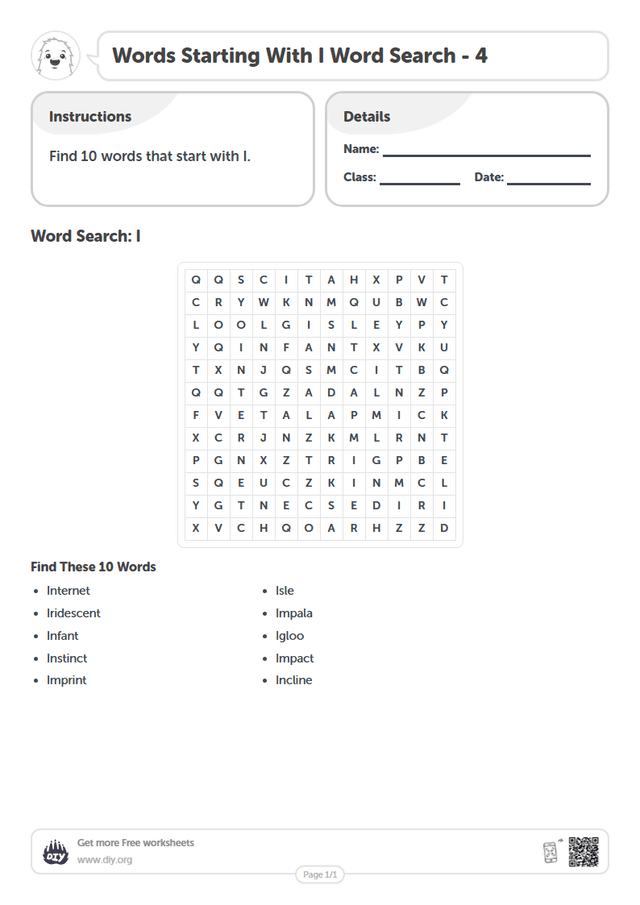 Words Starting With I Word Search page 1
