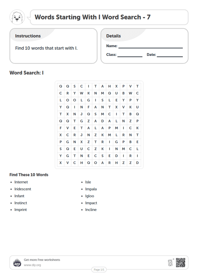 Words Starting With I Word Search page 1