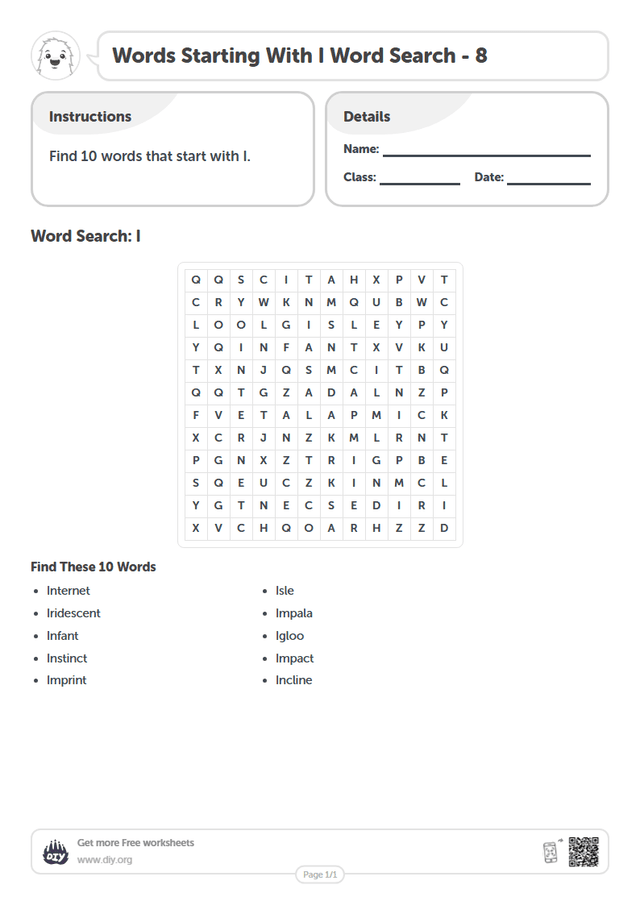 Words Starting With I Word Search page 1