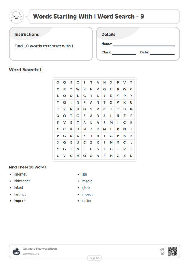 Words Starting With I Word Search page 1