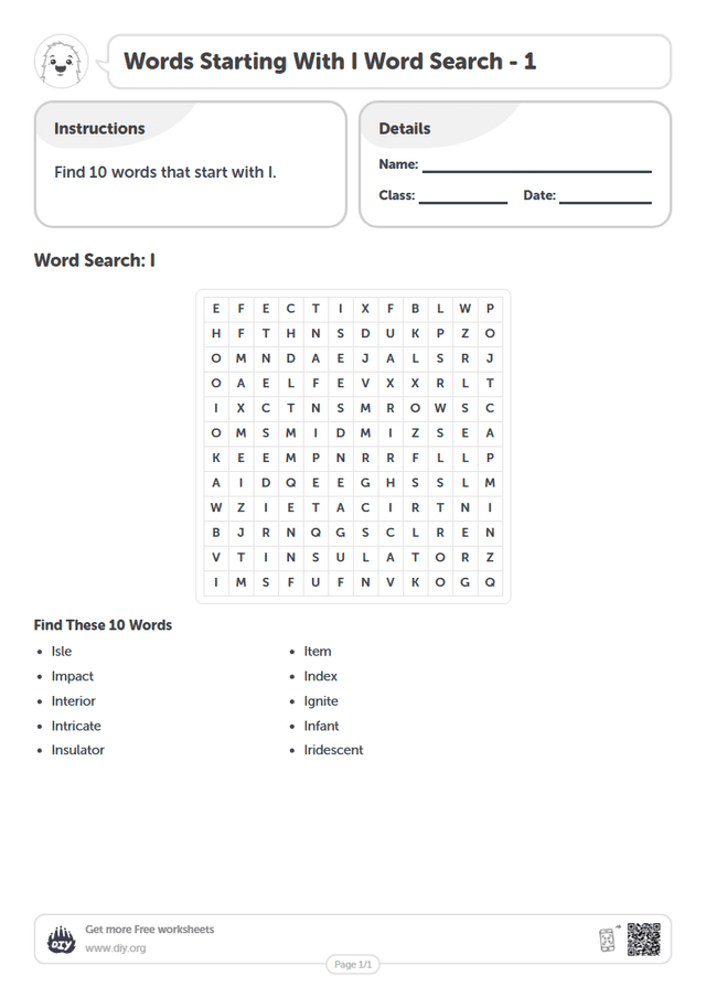 Words Starting With I Word Search page 1