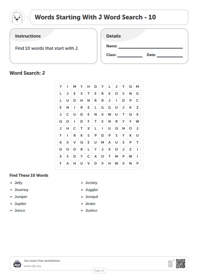 Words Starting With J Word Search page 1