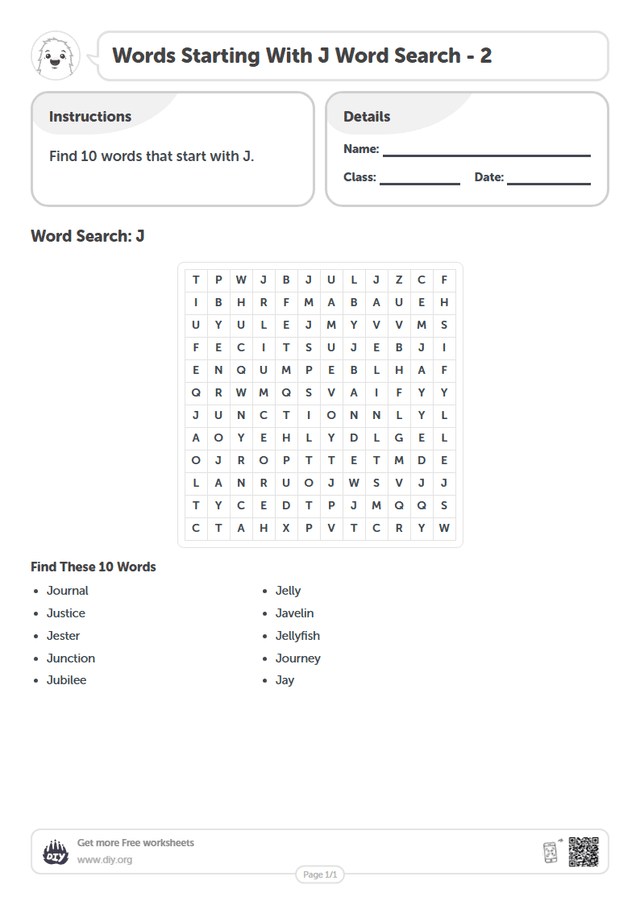Words Starting With J Word Search page 1