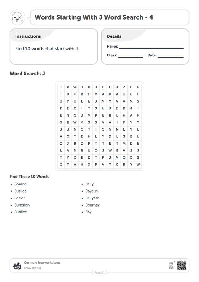 Words Starting With J Word Search page 1