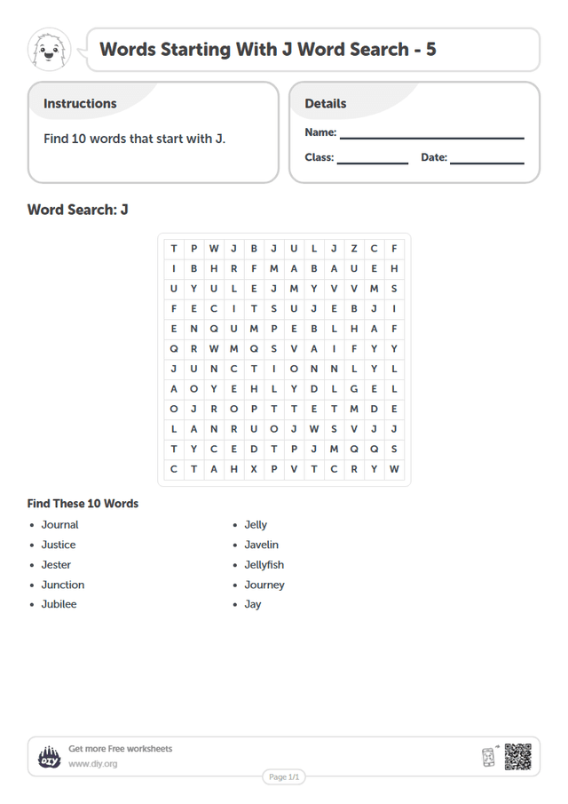 Words Starting With J Word Search page 1