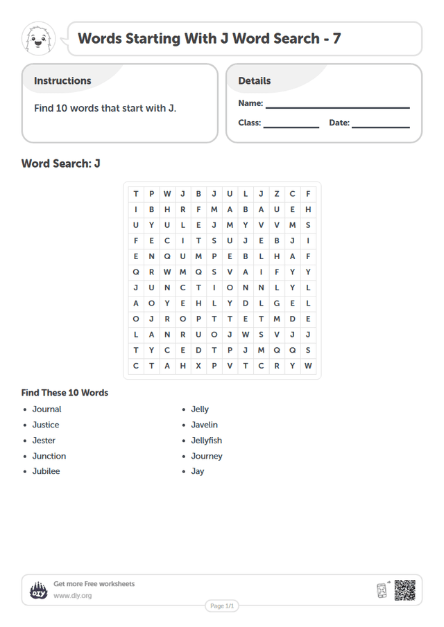 Words Starting With J Word Search page 1