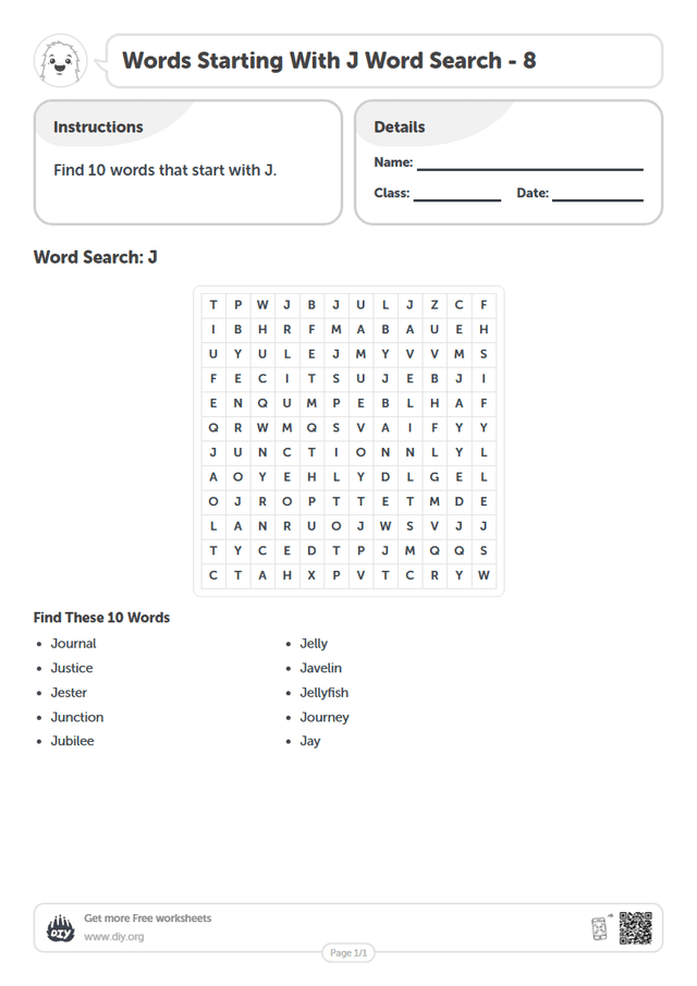 Words Starting With J Word Search page 1
