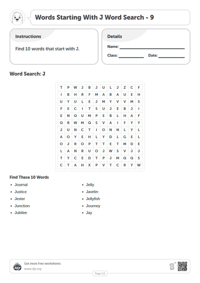 Words Starting With J Word Search page 1