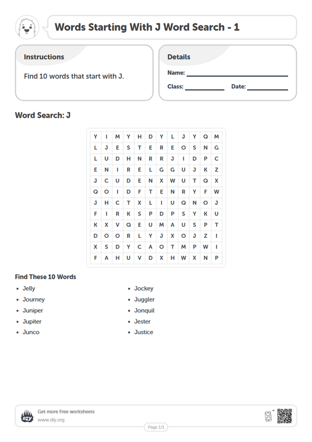 Words Starting With J Word Search page 1