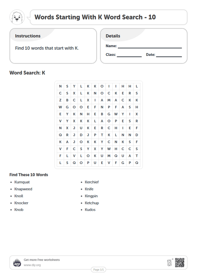 Words Starting With K Word Search page 1
