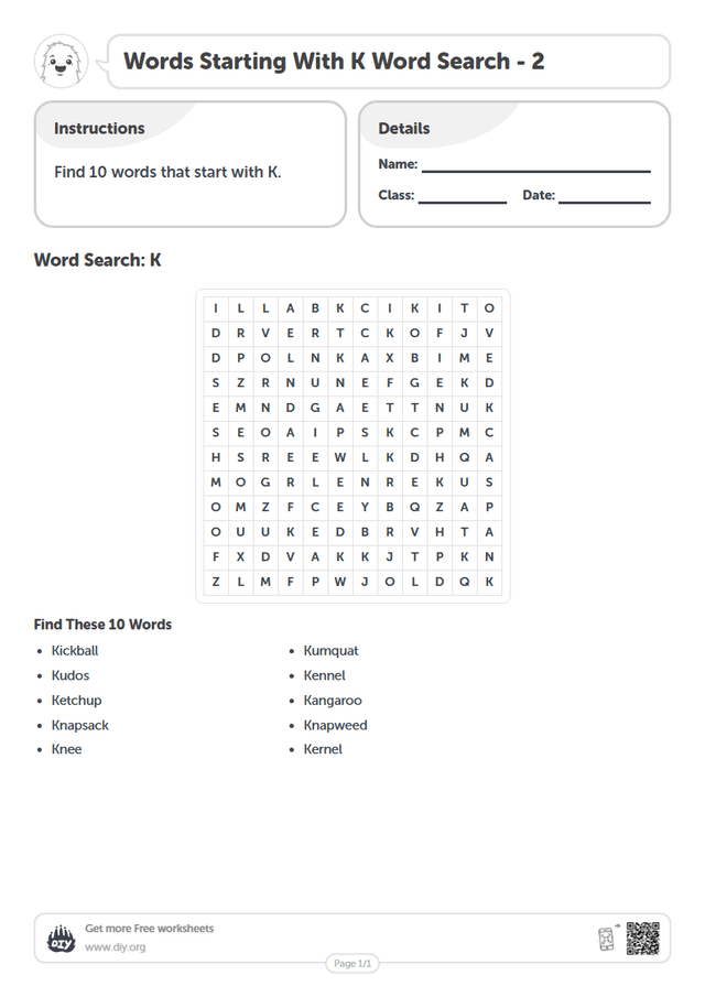 Words Starting With K Word Search page 1