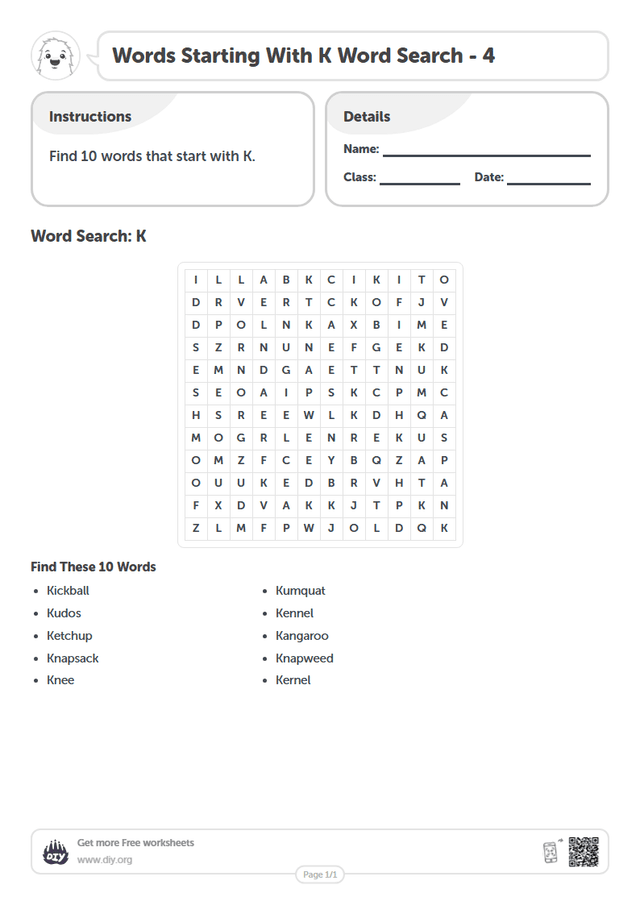 Words Starting With K Word Search page 1