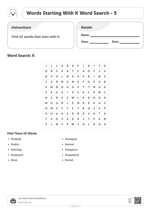Words Starting With K Word Search page 1