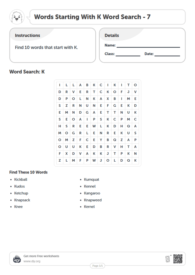 Words Starting With K Word Search page 1