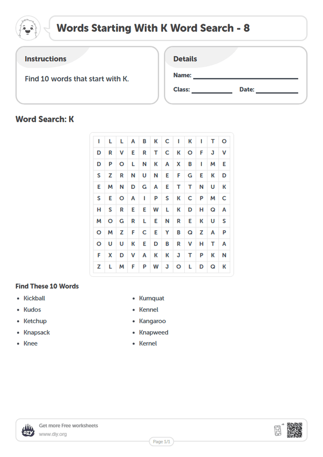 Words Starting With K Word Search page 1