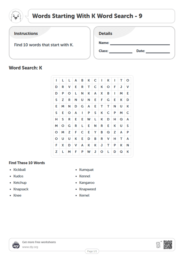 Words Starting With K Word Search page 1