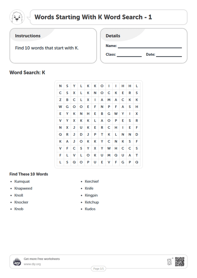 Words Starting With K Word Search page 1