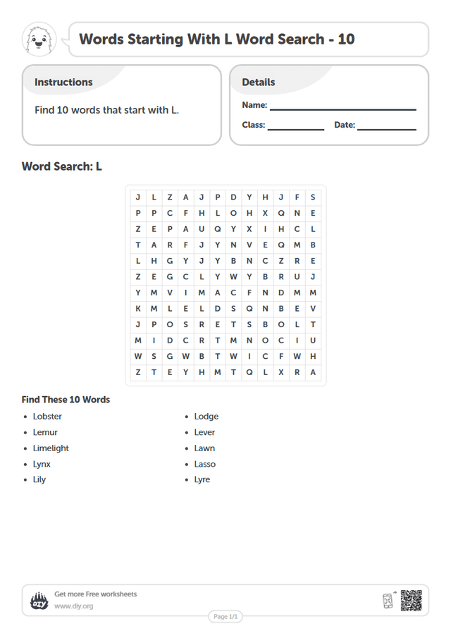 Words Starting With L Word Search page 1