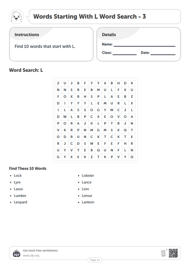 Words Starting With L Word Search page 1