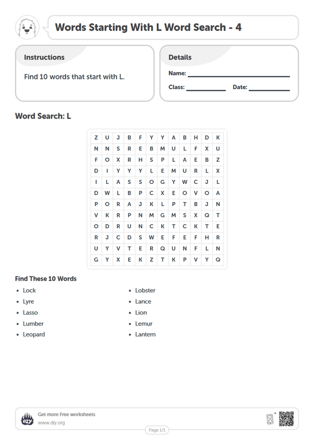 Words Starting With L Word Search page 1