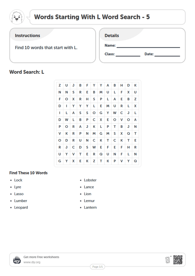 Words Starting With L Word Search page 1