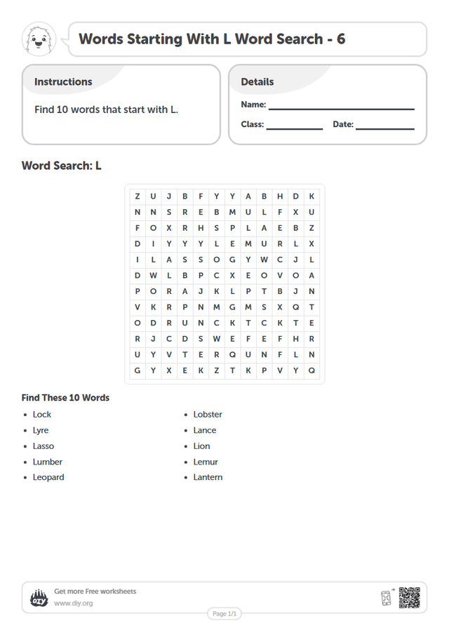 Words Starting With L Word Search page 1