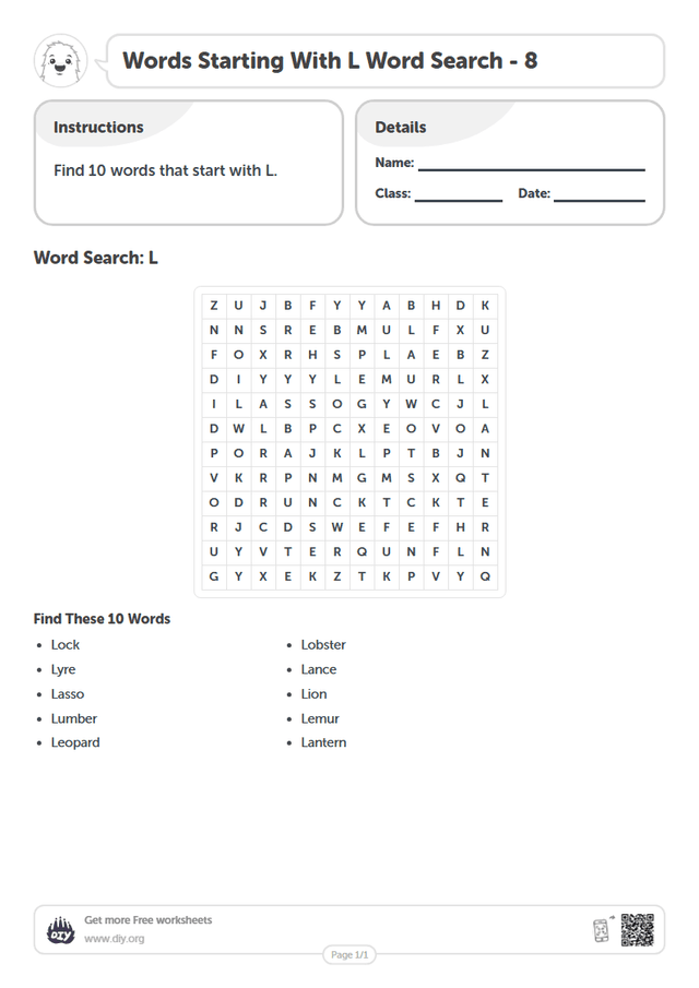 Words Starting With L Word Search page 1