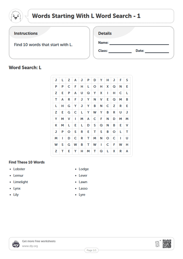 Words Starting With L Word Search page 1