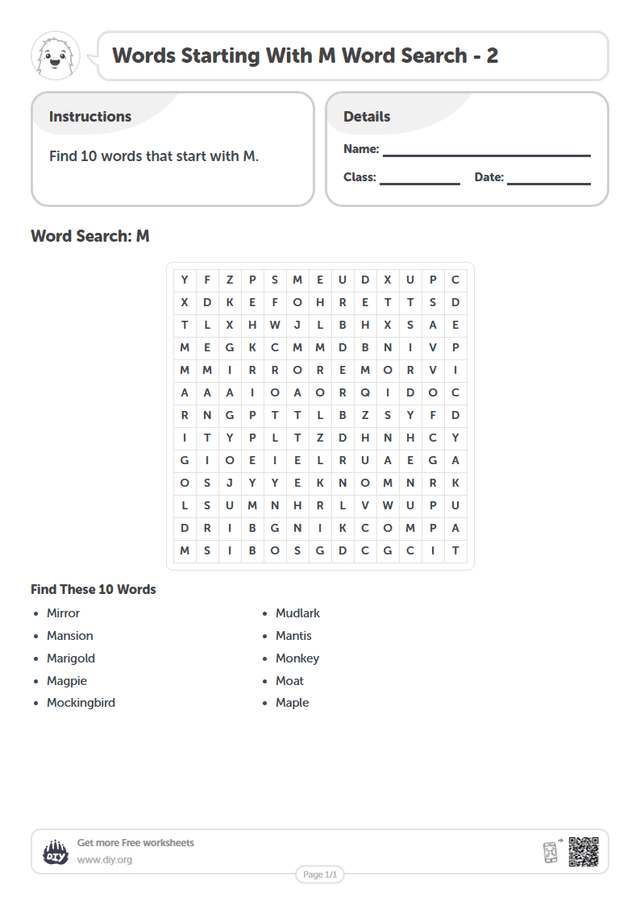 Words Starting With M Word Search page 1