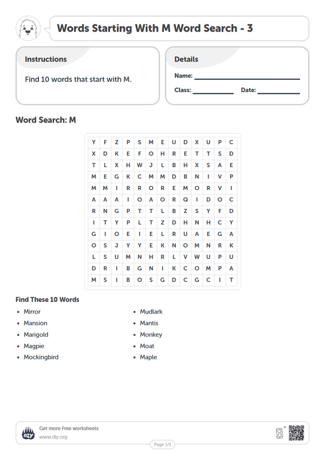 Words Starting With M Word Search page 1