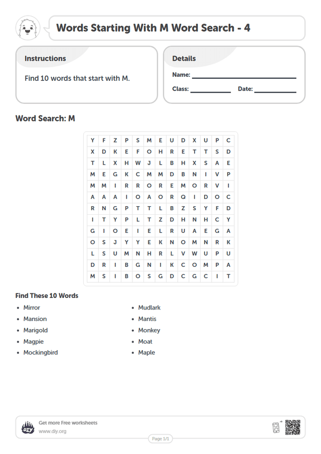 Words Starting With M Word Search page 1
