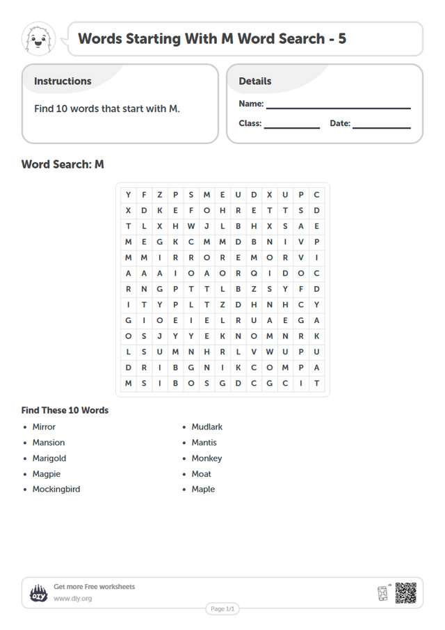 Words Starting With M Word Search page 1