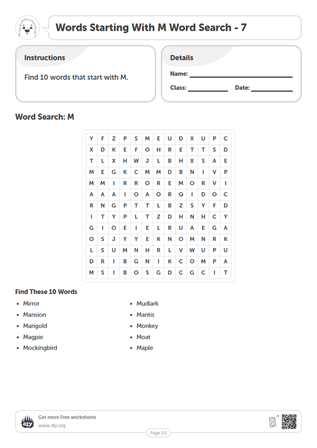 Words Starting With M Word Search page 1