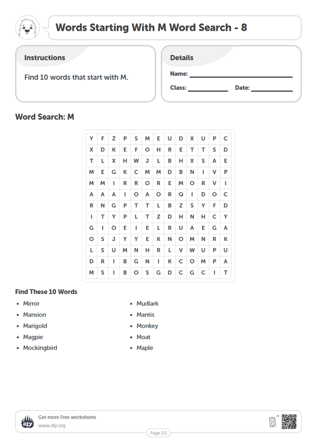 Words Starting With M Word Search page 1