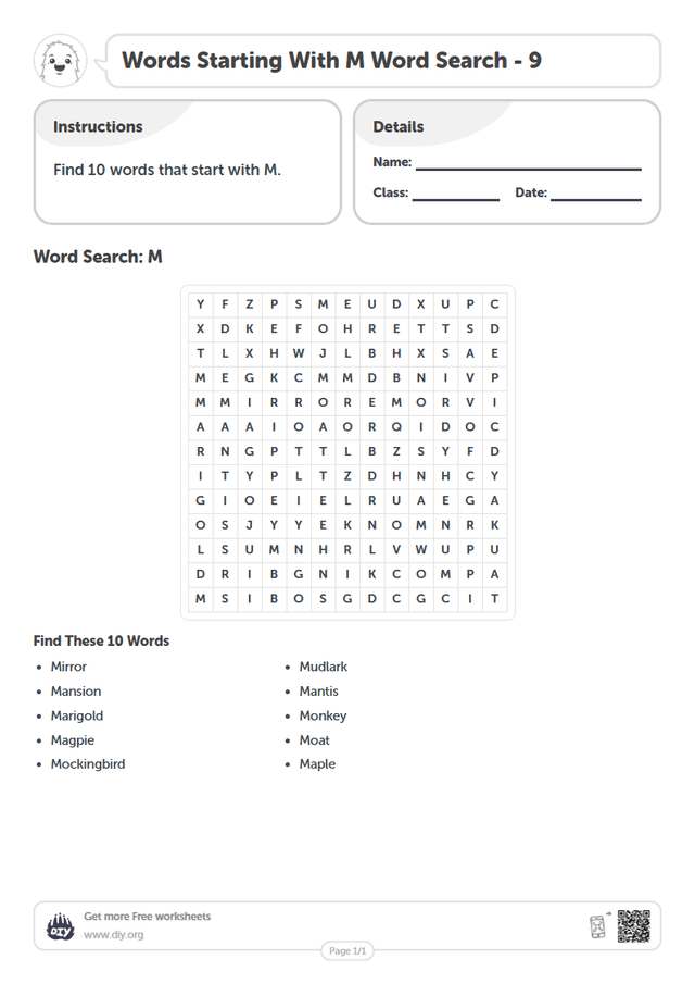 Words Starting With M Word Search page 1
