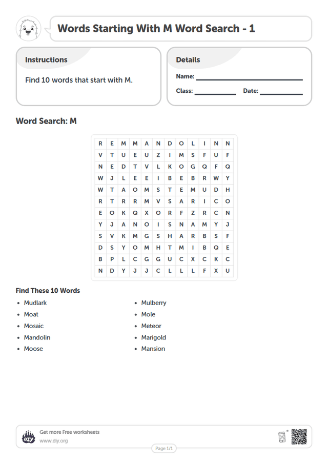 Words Starting With M Word Search page 1