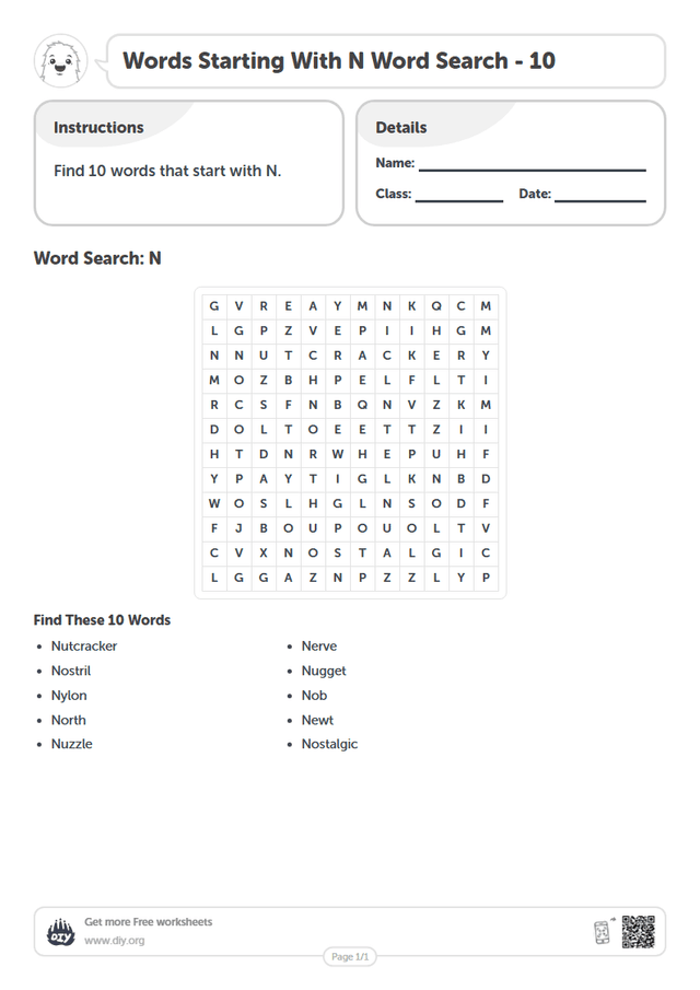 Words Starting With N Word Search page 1