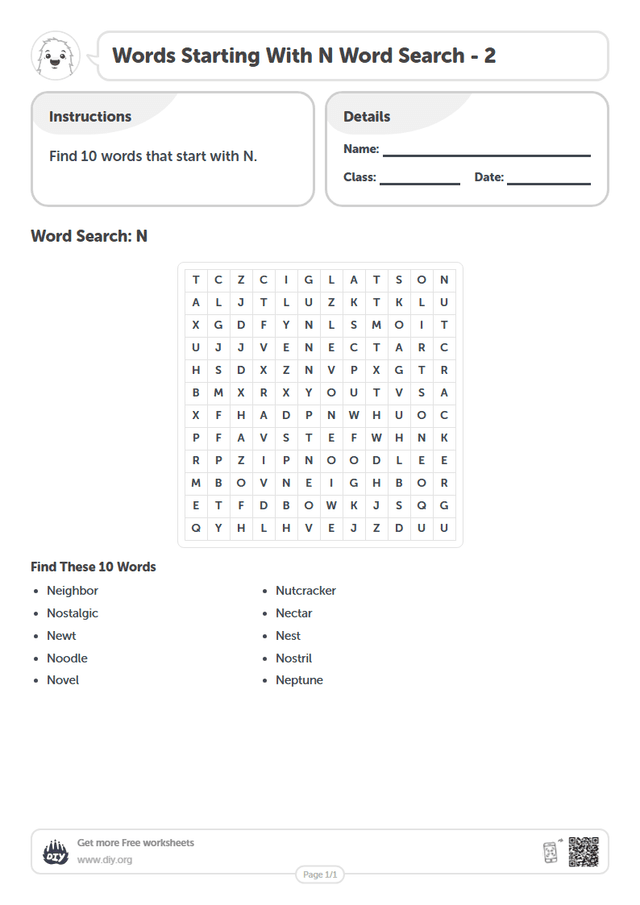 Words Starting With N Word Search page 1
