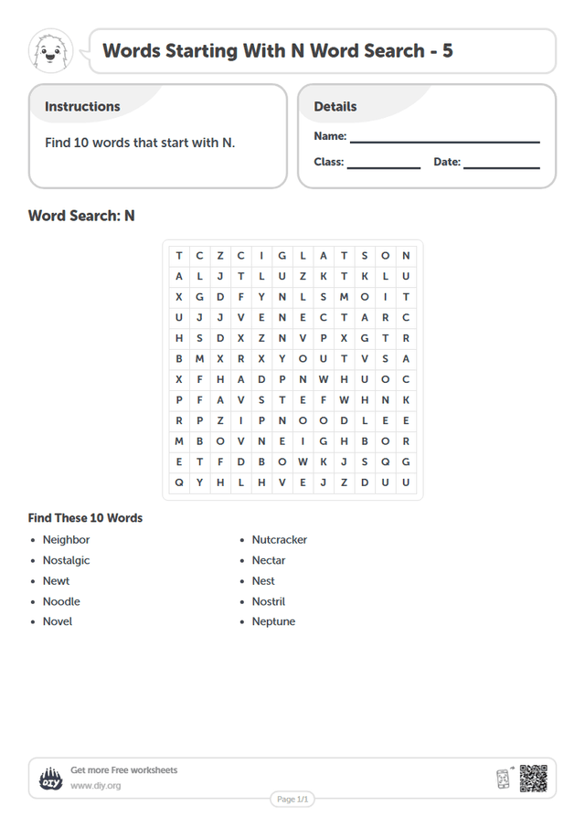 Words Starting With N Word Search page 1