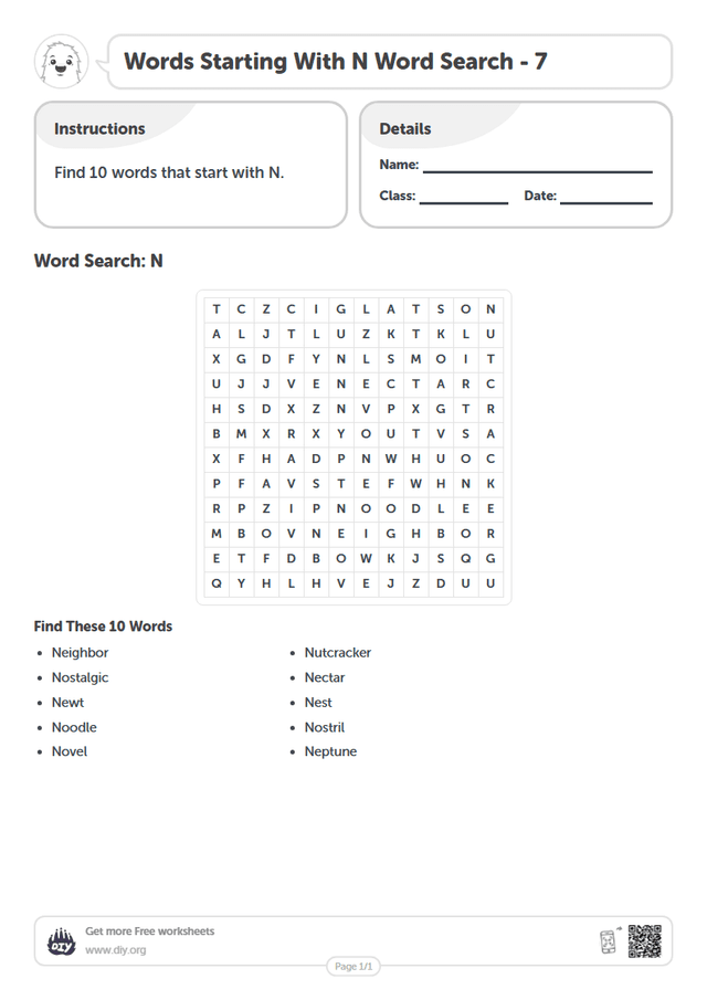 Words Starting With N Word Search page 1
