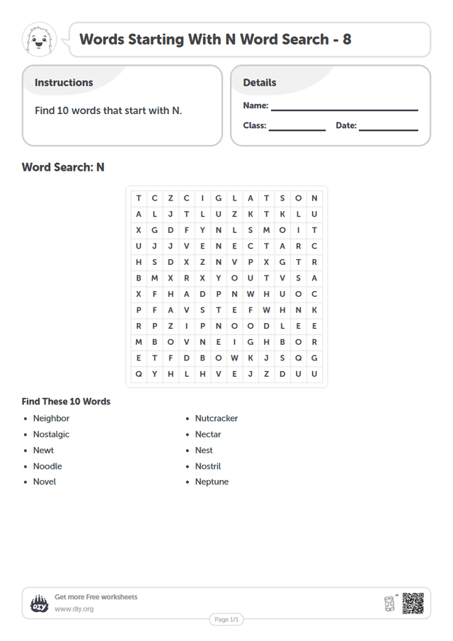 Words Starting With N Word Search page 1