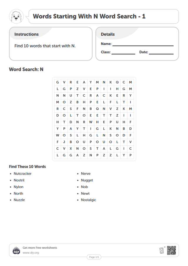 Words Starting With N Word Search page 1