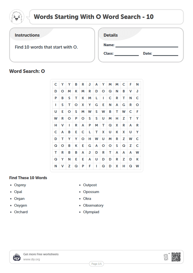 Words Starting With O Word Search page 1