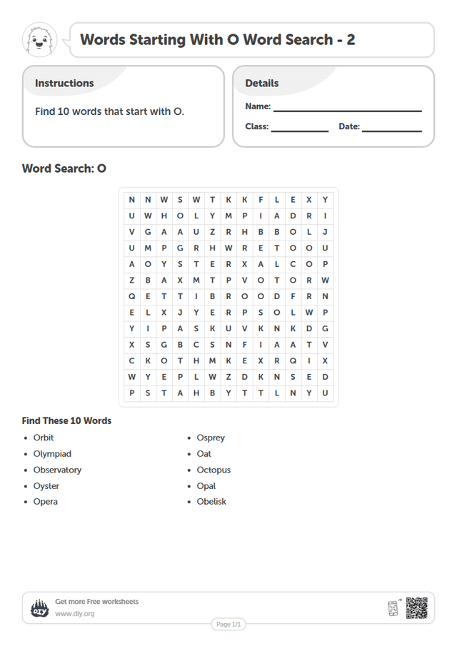 Words Starting With O Word Search page 1